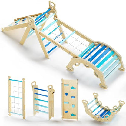 BlueWood 2025 8-in-1 Pikler Triangle Climbing Set Toddler Toys Indoor Baby Jungle Gym Climber Playground for Kids - Sky Blue - color: Sky Blue