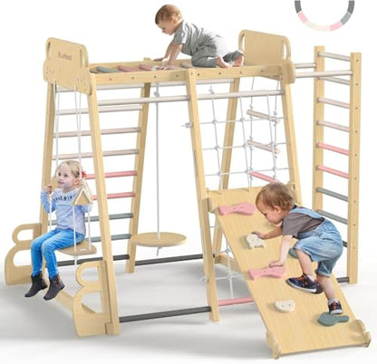 Upgraded Indoor Jungle Gym 9-in-1 Playground Kids Climbing Toys | Waldorf Style Wooden Climber Playset with Slide, Swing, Monkey Bars, Upright/Rope Ladder, Climb Net, Pink - color: Pink