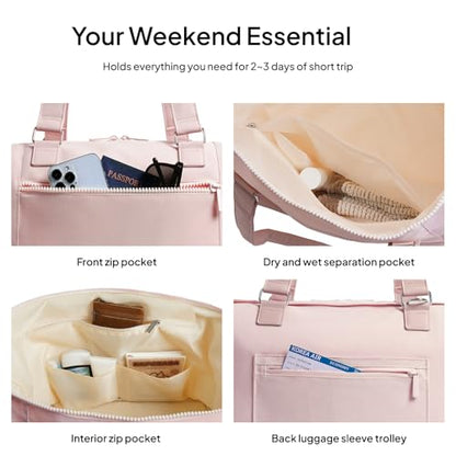 Travel Duffle Bag for Women, 40L Weekender Bags Airline Approved Carry On with Shoe Compartment & Waterproof Wet Pocket, Durable Nylon Weekender Overnight Bag for Travel, Gym, Business Trip, Pink - color: Pink