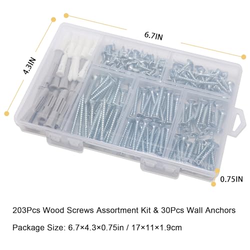 JEGONFRI 203PCS 5 Sizes Wood Screws Assortment Kit & 30pcs Wall Anchors | Hardened Steel, Zinc Coated, Rustproof, Sharp Threads Bite Fast, Fits Wood/Drywall/Plastic/Metal, Storage Box Included - style: Screws and Anchors