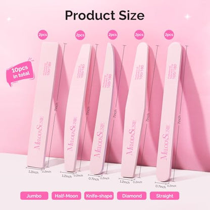 MelodySusie 10Pcs Nail Files 100/180 Grit, Mixed-Shape Double Sided Emery Boards Bulk Pack for Acrylic, Gel and Natural Nails, Professional Manicure Pedicure Shaping Tools for Home Salon, Pink - size: 10Pcs Mix Shape