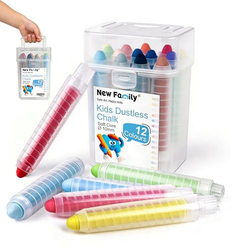 NewFamily Dustless Sidewalk Chalk Bucket for Kids, 12PCS Washable Non-Toxic Colored Chalk with Grip Holders, Easy-Carry Storage Pail for Outdoor Drawing, Chalkboard/Blackboard Art & Games