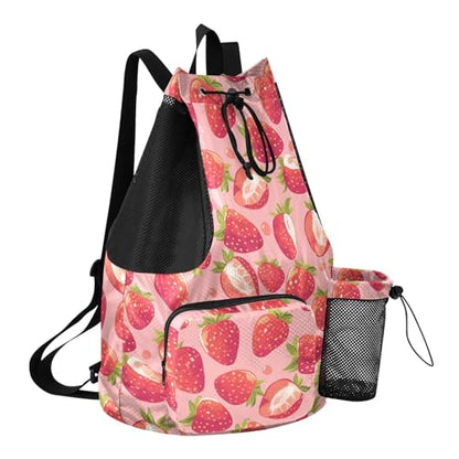 Drawstring Bags Climbing Gym Bag With Inside Pockets String Bag Wet and Dry Separation Peach Red Strawberries