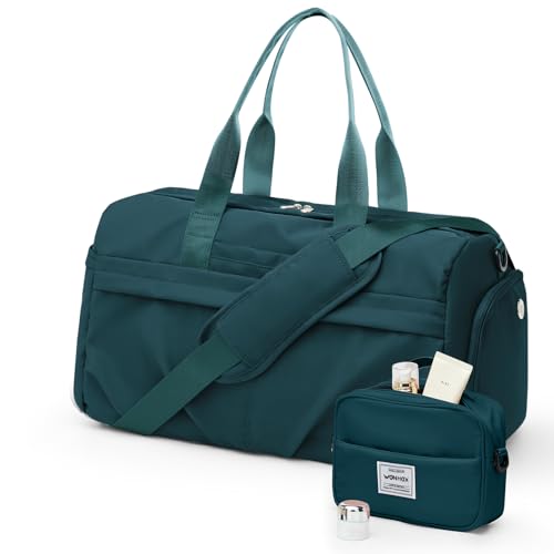 Gym Bag for Women Men, Sport Duffel Bag with Toiletry Bag & Shoe Compartment,Waterproof Travel Weekender Overnight Carry on Bag for Yoga with Trolley Sleeve, Peacock Blue Set - color: A4-Peacock Blue Set