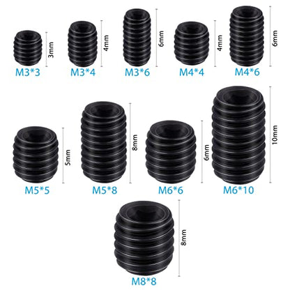 200Pcs Allen Head Socket Set Screws Internal Hex Drive Cup Point Grub Screw Assortment Kit Metric M3/M4/M5/M6/M8 - color: Black