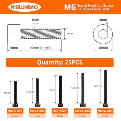 M6 x 40mm 45mm 50mm 55mm 60mm Hex Socket Head Cap Screws Bolts 12.9 Grade Alloy Steel, Black Oxide Finish, Metric Allen Hex Drive, Machine Fully Threaded, Assortment Kit 25PCS - size: M6 x 40/45/50/55/60mm (25PCS)