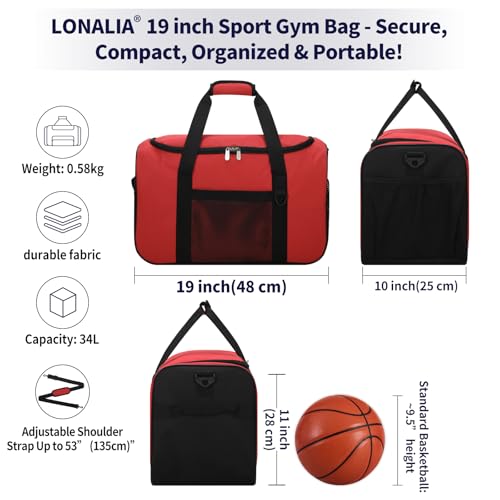 35L Sports Gym Duffle Bag - 19 inch Weekender Duffel for Workout, Basketball, Fitness, Training (Red) - color: Red