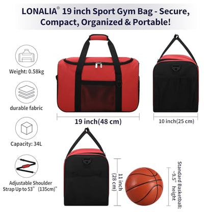 35L Sports Gym Duffle Bag - 19 inch Weekender Duffel for Workout, Basketball, Fitness, Training (Red) - color: Red
