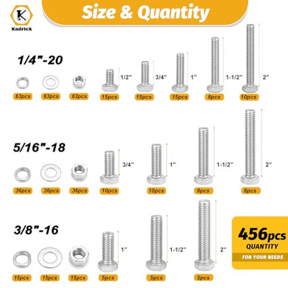 Kadrick 456Pcs 18-8(304) Stainless Steel Hex Bolts Assortment,1/4-20 5/16-18 3/8-16 Heavy Duty Bolts and Nuts Kit, Assorted SAE Bolts Nuts Flat&Lock Washers,Lenth Form 1/2''-2'' - size: 456Pcs Stainless SAE Hex Bolts
