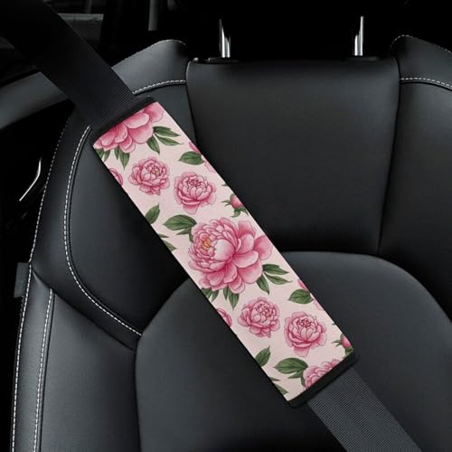 2PCS Floral Peony Pink Flower Green Leaves Seat Belt Cover Soft Padded Neck Strap Covers for Kids, All Vehicles, Comfortable Driving - color: Pattern 407