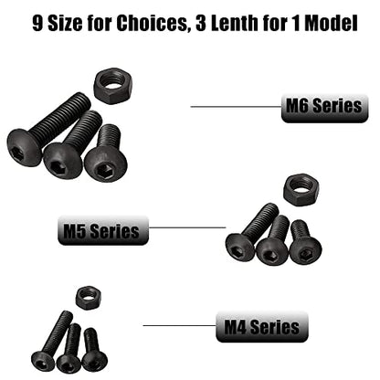 219 Pcs M6/M5/M4 Black Button Head Nuts and Bolts, Socket Cap Screws Nuts Assortment Kit, Allen Hexagon Round Mushroom Machine Screws Assortment Set - size: Black Round Head