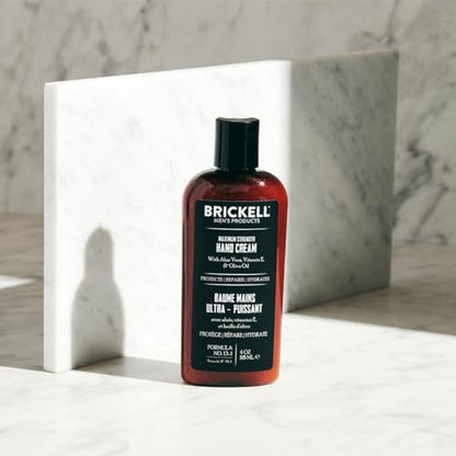 Brickell Men's Maximum Strength Hand Cream for Men, Fast-Absorbing Hand Lotion with Vitamin E, Shea Butter, and Jojoba Oil, 4 Ounce, Scented