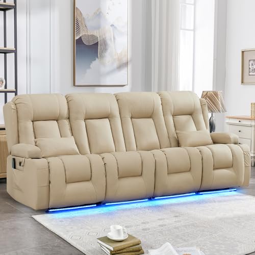 IPKIG Power Recliner Sofa with Flip-Up Backrest Console, USB & USB-C Ports, AC Outlet, LED Lights, Wall Hugger Recliners for Living Room, RV (Beige, 98.7" - 4 Seat) - color: Beige, size: 98.7" - 4 Seat