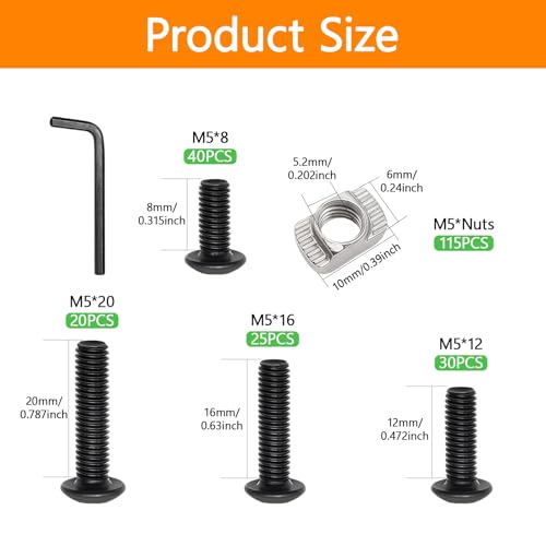 115 Pcs M5 T Nuts and T-Slot Bolts Set, Hammer Head T Slot Nut, Hex Button Head Socket Cap Screws Bolts and Nuts Set for 2020 Aluminum Extrusion Hardware, for Mlok Screws and Nut Replacement - size: Black-M5x8/12/16/20mm-115 Sets