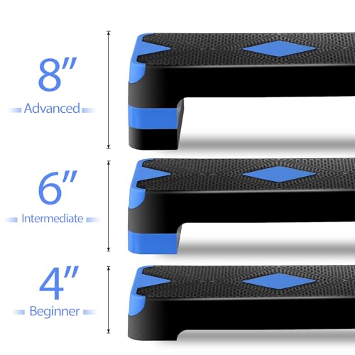 HomGarden Adjustable Workout Aerobic Stepper in Fitness & Exercise Step Platform Trainer Stepper w/Risers Adjust 4"-6''-8'' - color: Blue