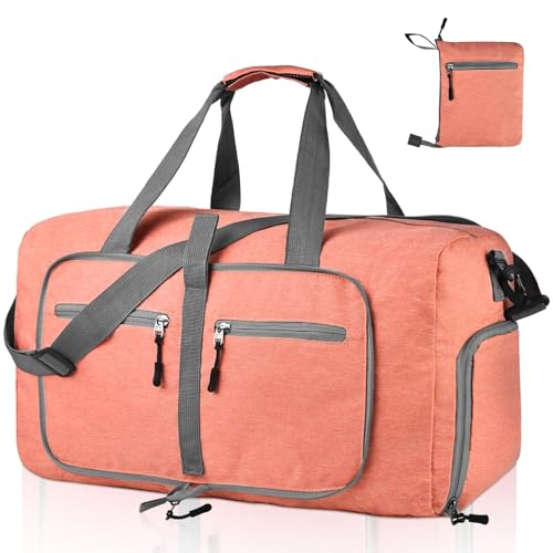 Dimayar 65L Foldable Duffle Bag, Travel & Weekender, Overnight, Gym | Lightweight, Carry-on, Packable, Waterproof & Tear Resistant, Travel Duffel Bag with Shoes Compartment for Men Women - color: Orange, size: 65L