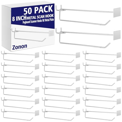 Zonon 50 Pack 8 Inch Metal Scan Hooks with Label Holder for 1/4" Pegboard, Heavy Duty Galvanized Peg Board Tool Hangers, Pegboard Shelving Hooks with Price Tag, Retail Store Display Wall Accessories - size: 8 Inch