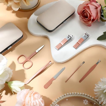 Geosar 50 Set 8 in 1 Travel Manicure Kit Bulk Professional Nail Clippers Pedicure Nail Care Tools Grooming Stainless Steel Set with Portable Travel Case, Gift for Valentine Men Women(Rose Gold) - color: Rose Gold