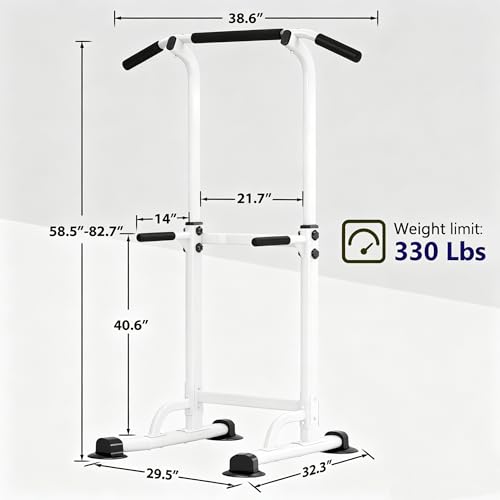 Adjustable Power Tower Pull Up Bar Dip Station, Free Standing Pull Up Rack Dip Station for Home Gym, 400LBS Capacity Height Heavy Duty Multi-Function Home Strength Training Fitness Workout Equipment - color: White