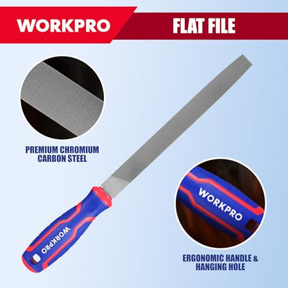 WORKPRO 8-Inch Metal File Set, 3-Piece Flat Half Round Round Files | Carbon Steel Files with Wire Brush & Storage Pouch for Woodworking, Metalworking, Shaping and Smoothing - size: 3-Piece Metal File Set