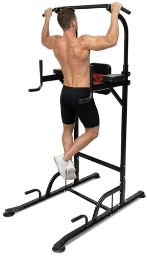 SQUATZ Power Tower Pull Up Station with Free Standing Pull Up Bar, Multi-Grip Workout Frame with 6 Adjustable Heights, H-Base Stability, Steel Construction, 330 lb Capacity for Home Gym, Black