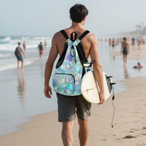 Drawstring Climbing Gym Bag With Pockets Drawstring Backpack with Wet Dry Compartments Holographic Shine Pattern Colorful