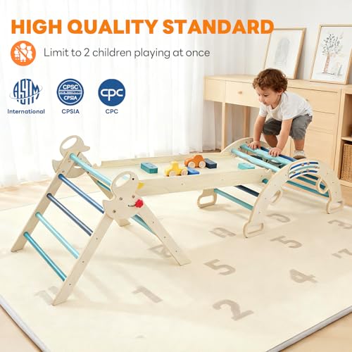 DUMOS Pikler Triangle Set, Toddler Climbing Toys and Play Structure Indoor, 9-in-1 Wooden Montessori Climbing Set with Arch, Ramp and Ladder, Foldable Baby Jungle Gym, Blue - color: Blue