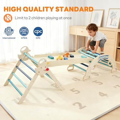 DUMOS Pikler Triangle Set, Toddler Climbing Toys and Play Structure Indoor, 9-in-1 Wooden Montessori Climbing Set with Arch, Ramp and Ladder, Foldable Baby Jungle Gym, Blue - color: Blue