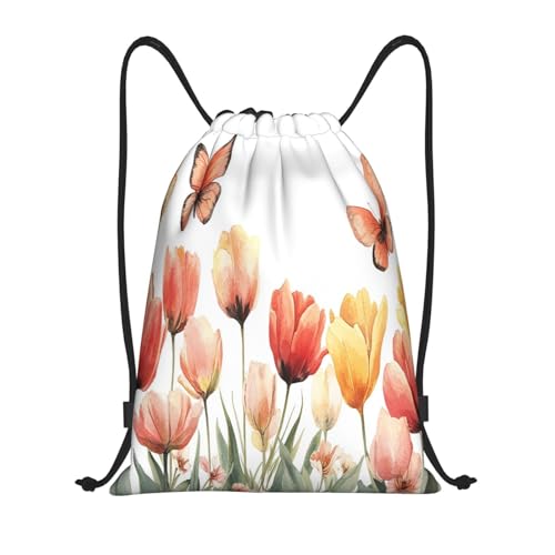 Drawstring Sports Backpacks - Lightweight Swim Gym Bags for Women Men String Sackpack for Beach Travel Yoga(Small, Watercolor Tulips Butterfly) - color: Watercolor Tulips Butterfly, size: Small