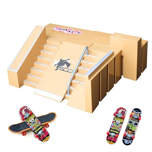Fingerboard Skate Park Kit with 8 Skatepark Deck Ramp & 2 Mini Fingerboards | Skatepark Deck Ramp for Boys or Girls Gift，DIY Finger Skateboard Ramp Set for Kids Ages 5+