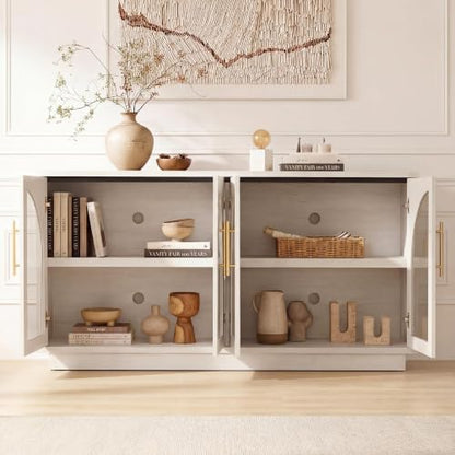 Fatmok 59" Buffet Cabinet with Glass Doors, Modern Arched Sideboard with Large Storage and Adjustable Shelves, Accent Console Credenza for Dining Room, Living Room, Entryway, White Wood Grain - color: B-white Wood Grain