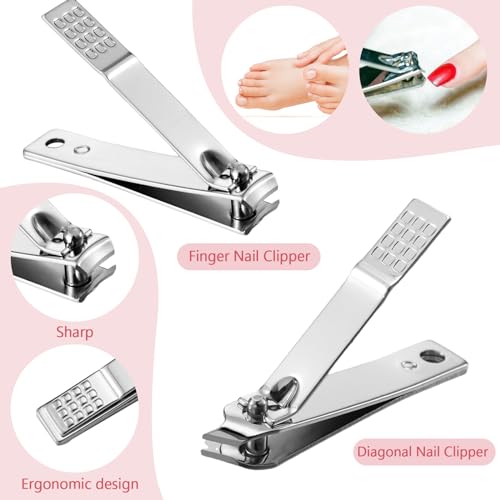 Geosar 50 Set 8 in 1 Travel Manicure Kit Bulk Professional Nail Clippers Pedicure Nail Care Tools Grooming Stainless Steel Set with Portable Travel Case, Gift for Valentine Men Women(Glitter Pink) - color: Glitter Pink