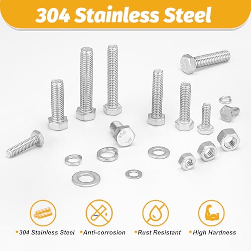 Kadrick 744Pcs 18-8(304) Stainless Steel Hex Bolts Assortment,1/4-20 5/16-18 3/8-16 Heavy Duty Bolts and Nuts Kit, Assorted SAE Bolts Nuts Flat&Lock Washers,Lenth Form 1/2''-2'' - size: 744Pcs SAE HEX Stainless