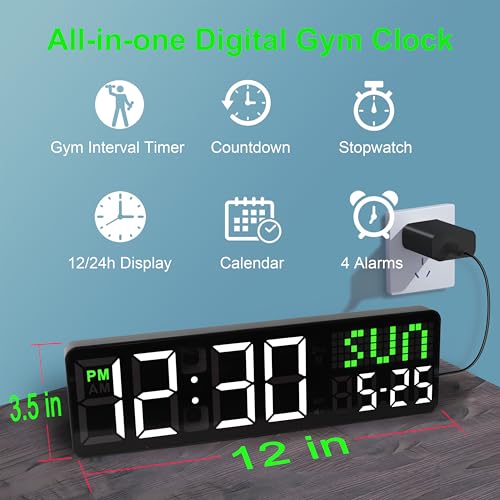 LUCORB 12'' Gym Clock, Interval Workout Digital Wall Clock with Seconds Date for Home Gym, 5 Display Modes | Remote Countdown Timer, Stopwatch | 4 Alarms fit Classroom Living Room Office