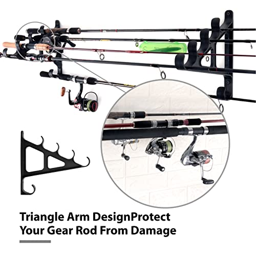 Horizontal Fishing Rod Rack Rod Holders for Wall Storage - Wall Mounted Fishing Rod Rack with Hook,Holds 4 Rods, Space Saving for Fishing Rods，Hiking Poles, Ski Poles, Hockey Sticks and Cue