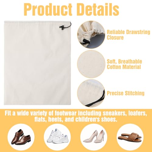 6 Pack Cotton Shoe Bags for Travel & Storage - 17.7"x13.8" Dustproof Drawstring Pouches, Washable & Reusable Cotton Organizers (Beige)