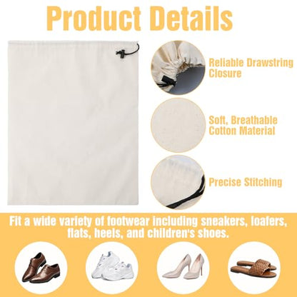 6 Pack Cotton Shoe Bags for Travel & Storage - 17.7"x13.8" Dustproof Drawstring Pouches, Washable & Reusable Cotton Organizers (Beige)