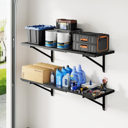 FLEXIMOUNTS 2-Pack 1x3ft Garage Shelving 14-inch-by-34-inch Perforated Wall Shelf, Heavy Duty Garage Storage Rack with 700 lbs Load Capacity, Wall Mounted Organization System for Tools, Heavy Bins - size: 14" x 34"