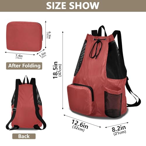 Drawstring Climbing Gym Bag With Water Bottle Pocket Beach Backpack Drawstring with Wet Dry Compartments Brown Solid Color Pure Plain Terracotta