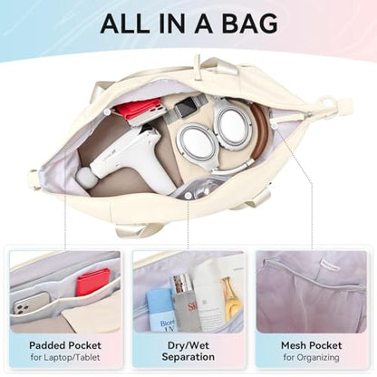 MAXTOP Women's Gym Yoga Duffle Bag with Shoe Pouch,Multi-Purpose Overnight Travel Bag for Gym,Work, Dance, Sports - color: Beige