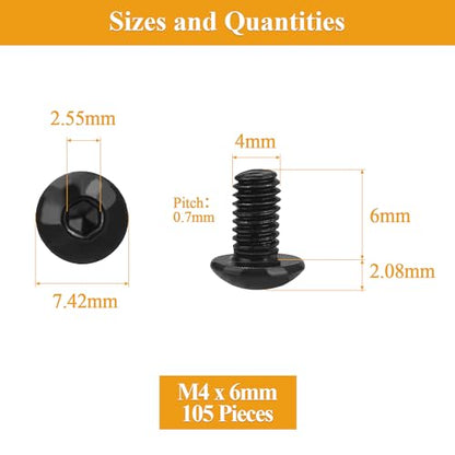 105 Pieces M4 x 6mm Button Head Socket Cap Screws, Thread Pitch 0.7mm, Sutemribor M4 Black Screws, 10.9 Grade Alloy Steel, Black Oxide Finish, Fully Threaded - size: M4 x 6mm, style: Button Head