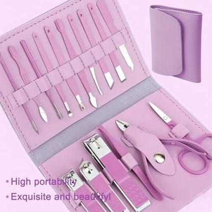 Manicure Set Professional Nail Clippers Pedicure Kit, 16 pcs Stainless Steel Nail Care Tools Grooming Kit with Luxurious Travel Leather Case for Thick Nails Men Women (Violet)