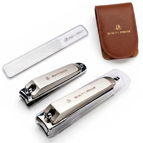 Beauty Power Nail Clippers Set 3 in 1 - Stainless Steel Toe Nail Clippers, Fingernail Clipper, Glass Nail File, Anti Splash, Ergonomic Grip in Brown PU Leather Travel Case for Men - Father's Day - color: Brown Case