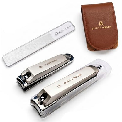 Beauty Power Nail Clippers Set 3 in 1 - Stainless Steel Toe Nail Clippers, Fingernail Clipper, Glass Nail File, Anti Splash, Ergonomic Grip in Brown PU Leather Travel Case for Men - Father's Day - color: Brown Case