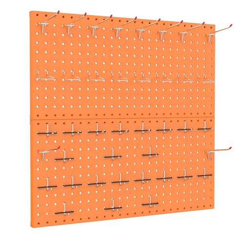 TORACK Metal Pegboard Wall Organizer 24" x 24" or 12" x 48", 70 PCS Tools Storage Pegboard for Garage, Modular Pegboard, Tool Organizer Board with Peg Board Hooks(Orange) - color: Orange
