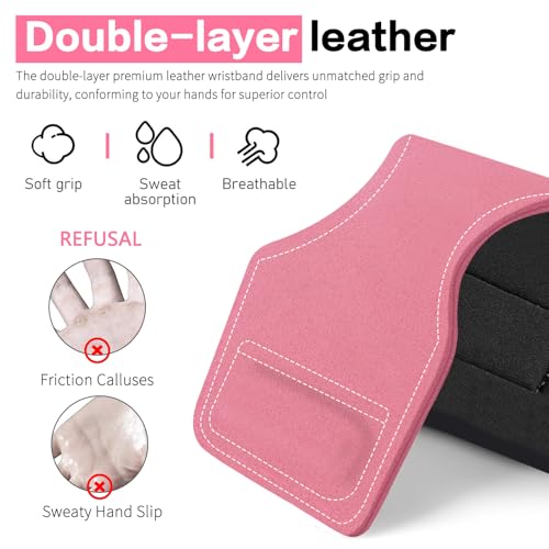Weight Lifting Wrist Strap, Double-Layer Leather Wrist Straps for Gym Strength Training Weightlifting,Deadlift and Powerlifting, Enhance Grip Strength Neoprene Padding Gym Workout Lifting Straps Men/Women Pair - color: Pink