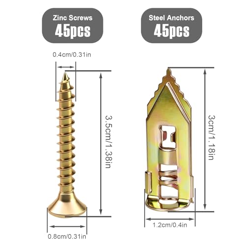 90PCS Self Drilling Drywall Anchors with Screws Kit, Zinc Plated Steel Wall Anchors and Self Tapping Screws Heavy Duty, No Drill Or Holes in Wall