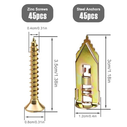 90PCS Self Drilling Drywall Anchors with Screws Kit, Zinc Plated Steel Wall Anchors and Self Tapping Screws Heavy Duty, No Drill Or Holes in Wall