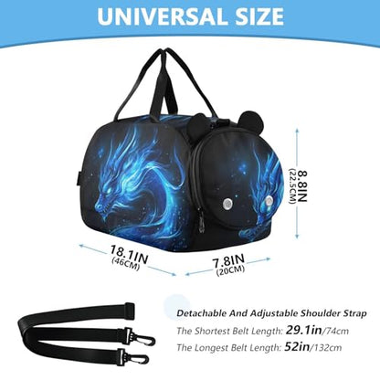 Kids Sports Duffel Bag for Boys & Girls - Blue Flame Dragon 100% Polyester Gym Bag with Separate Shoe Compartment, Adjustable Shoulder Strap, Compact Travel & Workout Gear Bag - color: Blue Flame Dragon