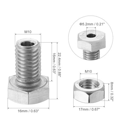 MECCANIXITY M10x16mm Hollow Screw Bolts External Hexagon Fasteners with Nuts, 304 Stainless Steel Pack of 2 - size: M10x16mm